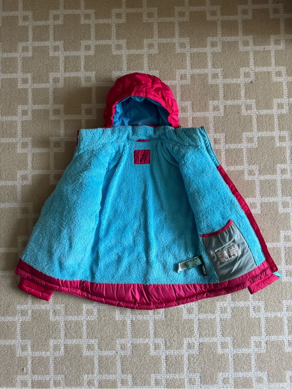 L.L. Bean DownTek Hooded Puffer Jacket Hot Pink Blue Girls Medium 10-12 - Picture 4 of 15